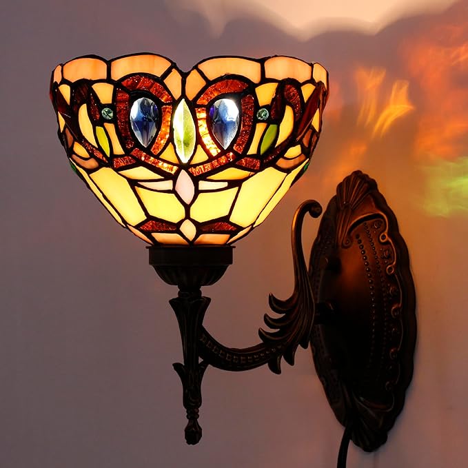 Tiffany Wall Sconce Lamp Blue Stained Glass Flower Style 8X10.5X11 Inch Plug in Wall Bedside Light for Hallway Bedroom (Serenity Victorian Style)