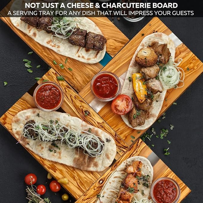 Handcrafted Italian Olive Wood Cheese & Charcuterie Board Set with Unique Blue Resin Artwork - Cutting Board Comes with 4 Cheese Knives, 2 Dipping Bowls & Corkscrew Wine Opener (Blue)
