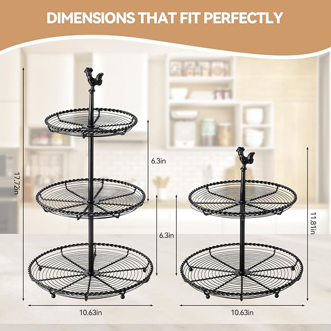 Openwork 3 Tiered Tray Stand, Vintage All-Iron 3 Tier Serving Tray with Hand - Twisted Edges & Chicken Top, Convertible Two Tiered Tray Stand for Home Kitchen Decor, Coffee Food Fruits Cupcakes