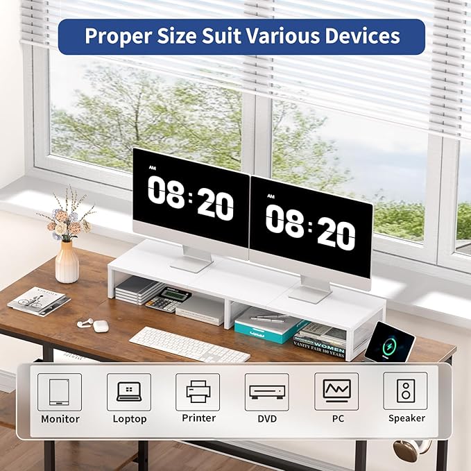 Dual Computer Monitor Stand Riser, Desk Organizers and Accessories, Printer & TV Stand, Desk Shelf, Office Desk Accessories & Desktop Workspace Organizer for Office Supplies, White