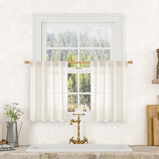 LAMIT Cream Linen Curtains 24 Inch Length, Semi Sheer Light Filtering Window Panels Back Tab and Rod Pocket Drapes for Kitchen/Small Windows, 25 x 24 Inch, 2 Panels