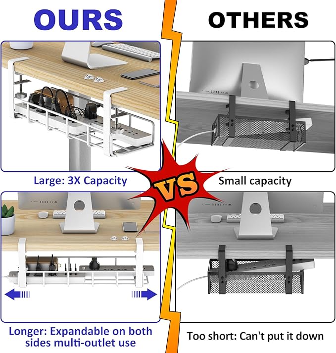 Under Desk Cable Management Tray, 15.7'' White No Drill Steel Desk Cable Organizers, Wire Management Tray Cable Management Rack, Desk Cable Tray with Wire Organizer White(2 pack)