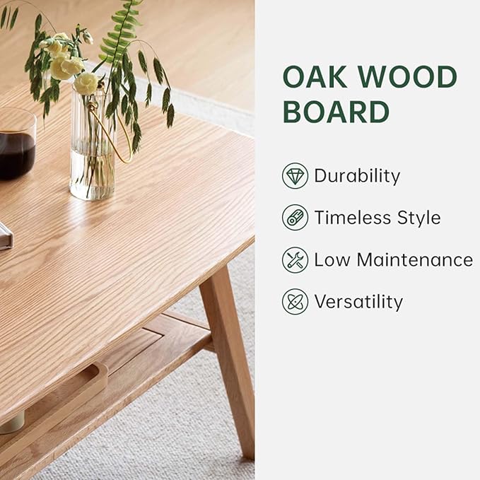 100% Solid Oak Wood Coffee Table for Living Room, 2-Tier Small Coffee Tables with Shelf Storage, Mid Century Modern Table with Rounded Corners (Natural, 39.37“ x 22.05” x 17.32“)