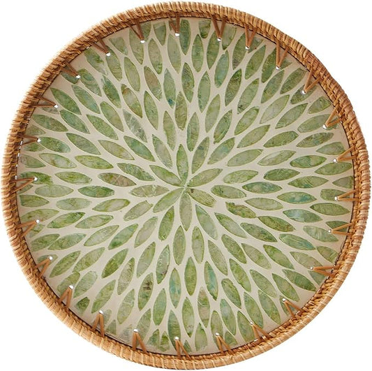 Round Rattan Tray with Mother of Pearl Inlay, Rattan Serving Tray with Wooden Base, Decorative Wicker Basket for Table Decor, Storage and Display of Coffee Bread Food Fruit (Leaf)