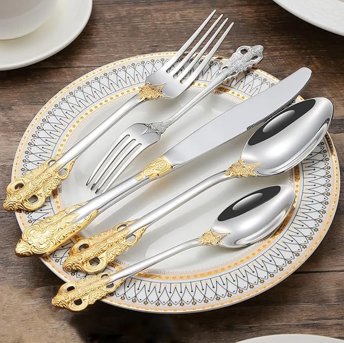 30-Pcs Luxury Silverware Set, Royal Flatware Set, Modern 304 Stainless Steel Flatware, Cutlery, Tableware (Gold & Silver, 30)