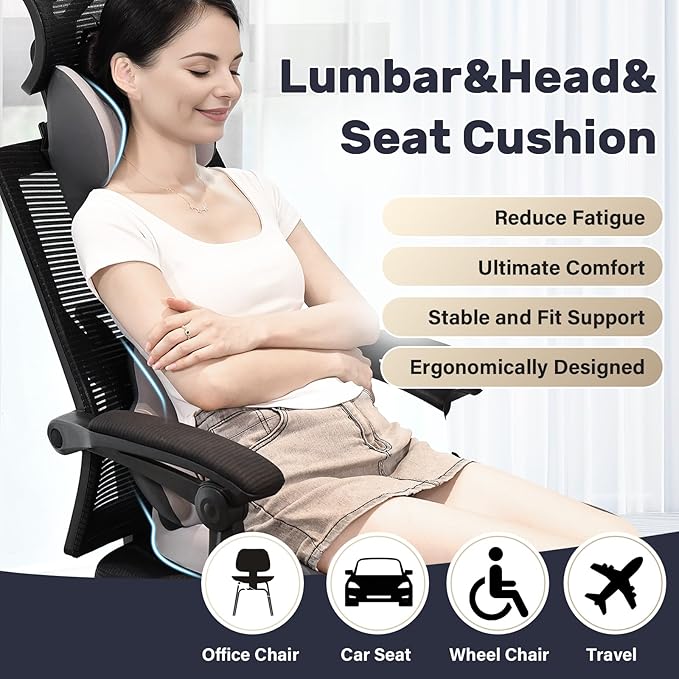Coverado Car Seat Cushion and Lumbar Support with Headrest Pillow Memory Foam Ergonomic Back Support Driving Seat Cushion Neck Head Pillow, Back Pain Relief, Cushion for Car Driver Office