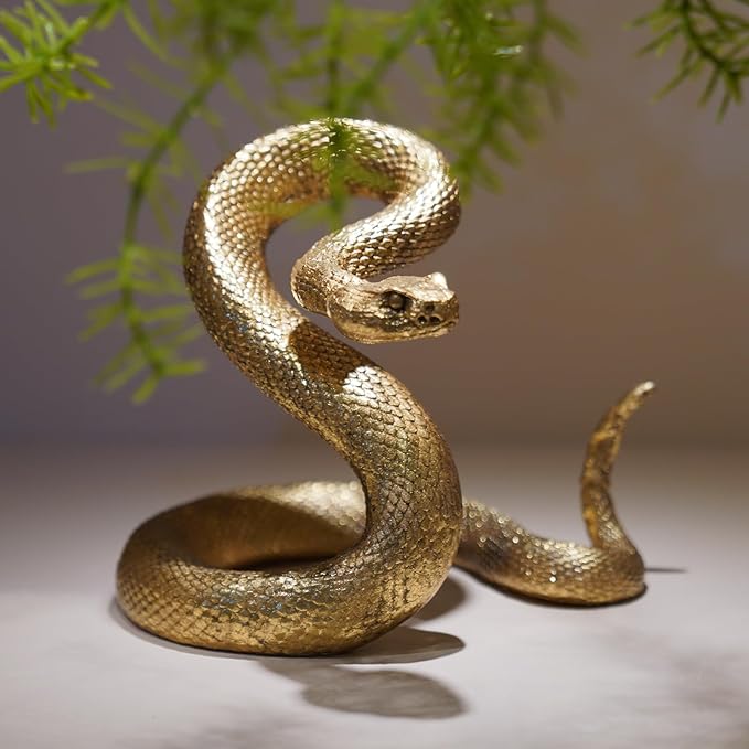 Guichifun Snake Statue Decor Collectible Figurines - Gold Resin Animal Chinese New Year Mascot Home Shelf Office Table Halloween Decoration 7.25 x 7.25 x 6.5 Inch
