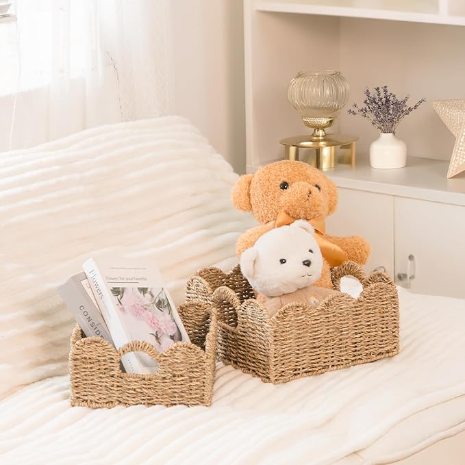 KOKODO Set of 2 Scalloped Wicker Baskets – Handwoven Sqaure Seagrass Storage Baskets with Handles for Organizing, Bathroom, Living Room & Shelf Décor – Decorative Rattan Organizing Bins