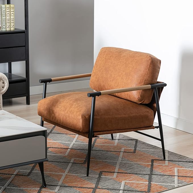 DUOMAY Mid-Century Modern Accent Chair Armchair, Soft PU Leather Sofa Lounge Chair Reading Chair with Metal Leg for Living Room Bedroom Office, Brown