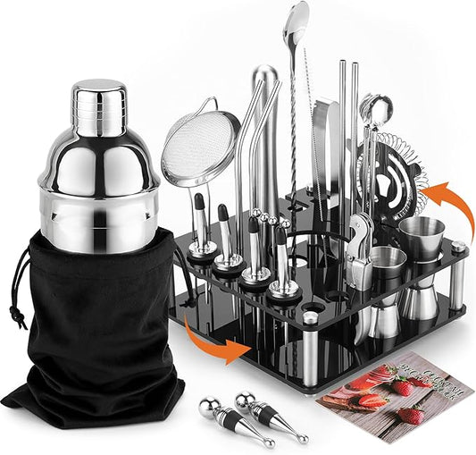 KINGROW Cocktail Shaker Set 29-Piece Bartender Kit with Rotating Stand | Bar Set Drink Mixer Set with All Essential Accessory Tools for Drink Mixing, Home, Bar, Party |Sliver