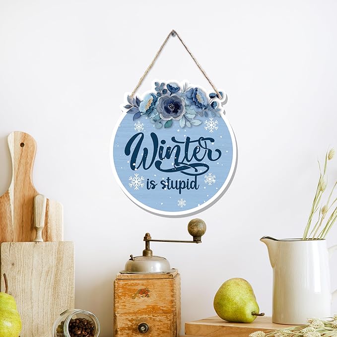 CGBHW Funny Navy Blue Winter Christmas Wooden Sign, Winter Snowflake Snowy Dusty Blue Flowers Decoration Hanging Sign Wall Decor, Christmas Seasonal Holidays Wooden Signs for Home Door Decor 12 x 12 Inch