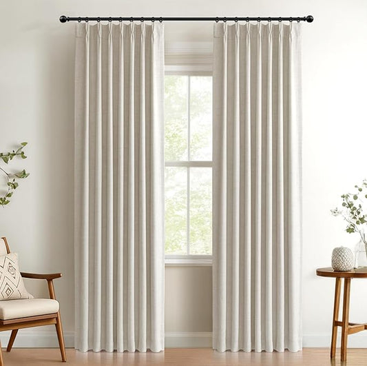 100% Blackout Shield Polyester Pinch Pleated Curtains Blackout, Pleated Drapes with Hooks 96 Inch Long 2 Panels Set, Polyester Blackout Curtains for Bedroom & Living Room, 40" W x 96" L, Beige
