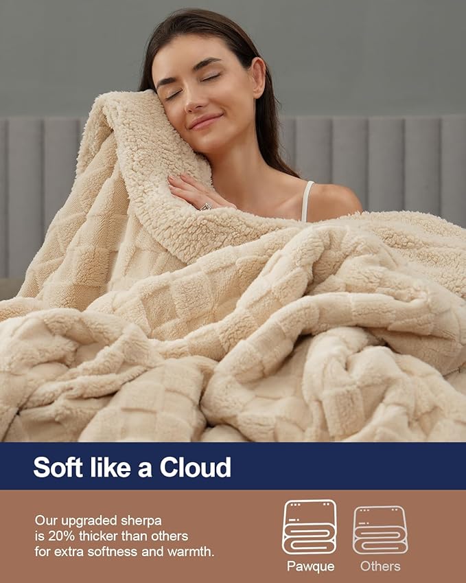 Pawque Super Soft Cozy Throw Blanket Twin Size for Couch Bed, Fluffy Sherpa Fleece Reversible Thick Warm Fuzzy Blanket for All-Season, 3D Checkered Jacquard Decorative Blankets, Khaki, 60" x 80"