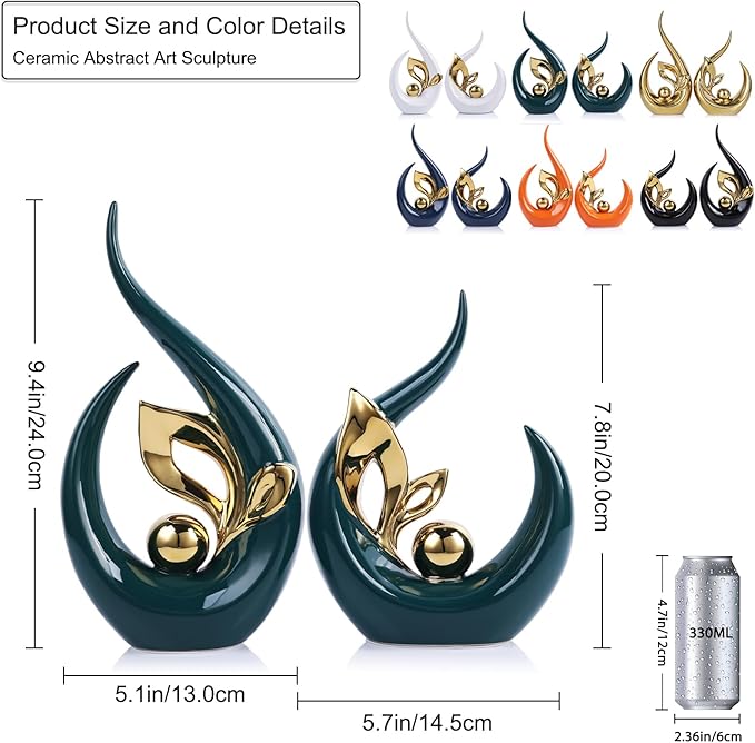 9.4" H Green Gold Abstract Sculptures Home Decor, Ceramic Art Statue Cool Stuff to Put on Shelves&tv Stand Decor, Gold Accent Entertainment Center, for Fireplace Coffee Table Dining Table Decorate