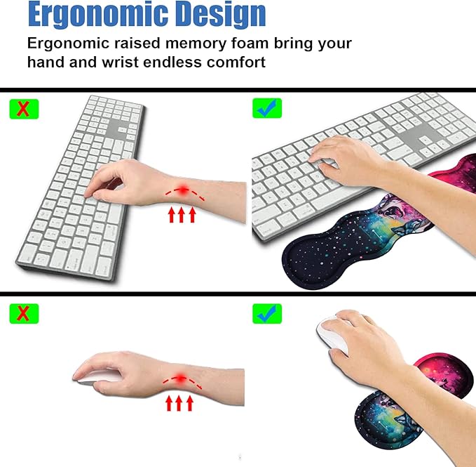 4 in 1 Ergonomic Memory Foam Mouse Pad Wrist Rest Set, Large XXL Gaming Desk Pad + Keyboard Wrist Rest + Mouse Wrist Cushion + Coaster for Home Office Study Gaming, Watercolor Art Wolf Howling