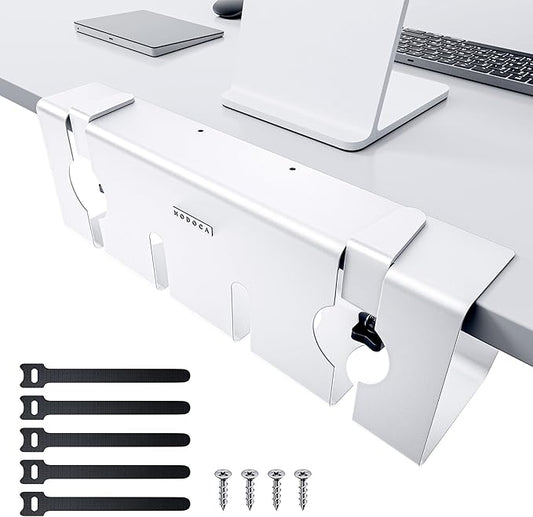 NodoCA No Drill Under Desk Cable Management Tray, 17'' Wire Management, Punch-Free Clamp On, Metal Cable Tray, Wire Organizer, Under Desk Basket for Office and Home, White