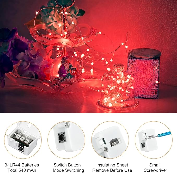 btfarm 30 Pack Fairy Lights Battery Operated [3 Modes], 7ft 20 Led Twinkle Lights String Lights Waterproof Bulk Small Mini Silver Wire for Christmas Mason Jars Wedding Table Centerpiece, Red