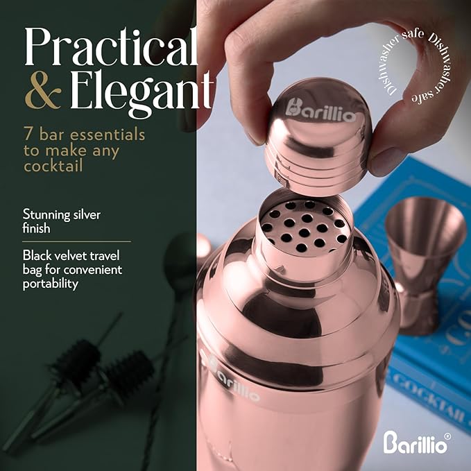 Barillio Rose Gold Mixology Bartender Kit - 8 pcs Stainless Steel Travel Cocktail Shaker Set with Bag - Copper Bar Tools Set | Martini Shaker, Drink Mixer Spoon & Mojito Muddler, Pourers & Jigger