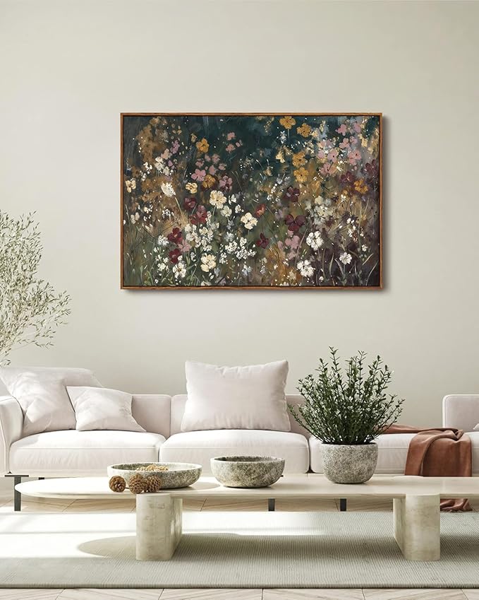 KISSFOX Vintage Floral Framed Wall Art Moody Wildflower Field Canvas Wall Art Neutral Farmhouse Serene Countryside Paintings Artwork Rustic Art Prints For Bedroom Living Room