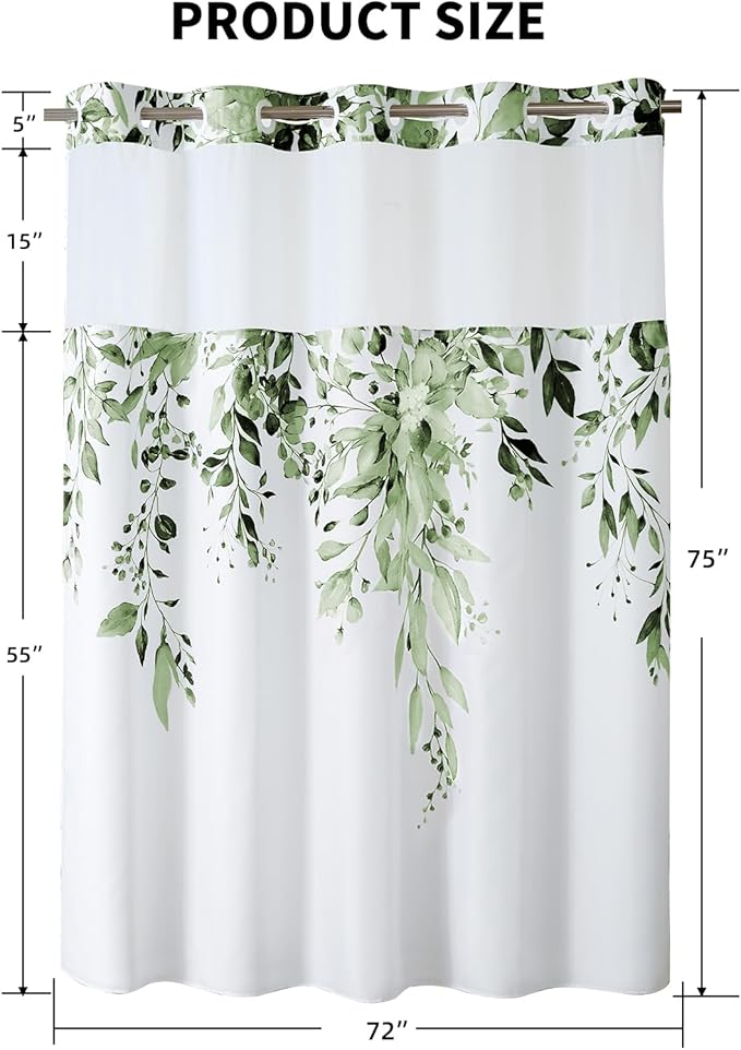 QiyI No Hook Shower Curtain with Snap in Fabric Liner, Olive Green Eucalyptus Shower Curtain with See Through Top Window, Waterproof Washable Cloth Ringless Shower Curtain Set for Bathroom, 72 x 75