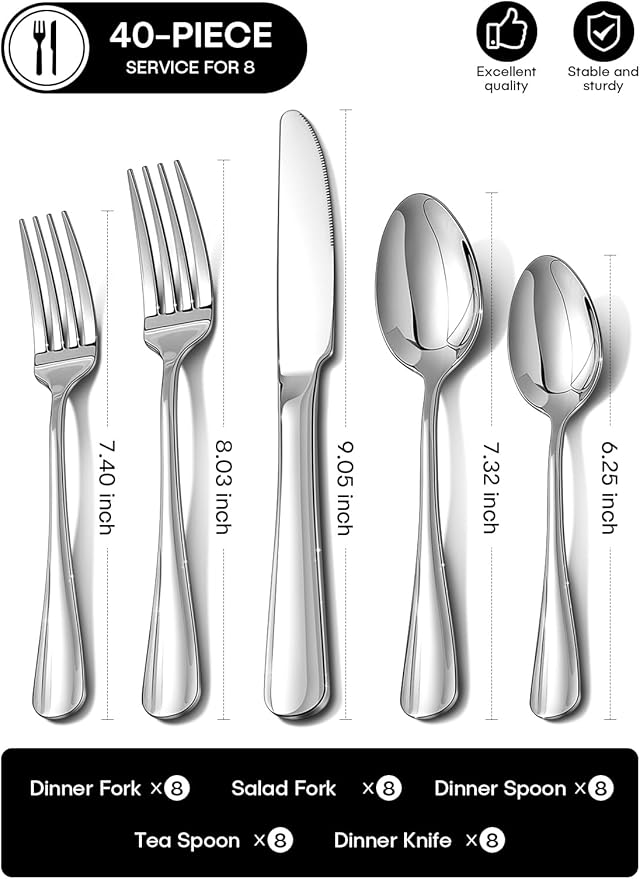 Silverware Set, 40 Piece Food-Grade Stainless Steel Flatware Set for 8, Rust-proof Mirror Polished Cutlery Utensil Set Include Knives Forks Spoons for Kitchen Restaurant,Dishwasher Safe