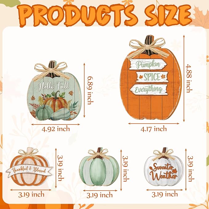 5 Pcs Fall Pumpkin Decor for Home Thanksgiving Novel Wooden Table Centerpiece Decorations Light Green Fall Wooden Pumpkin Signs for Autumn Farmhouse Kitchen Mantle Tabletop Supplies
