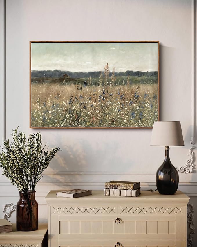KISSFOX Vintage Landscape Canvas Wall Art Fall Farmhouse Wildflower Field Framed Wall Art Autumn Natural Serene Countryside Paintings Artwork Rustic Art Prints For Bedroom Bathroom Living Room