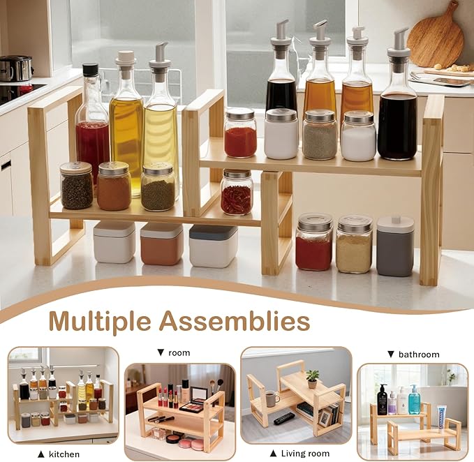 Upgraded Desktop & Off-Surface Shelves, No Tools Assembly Interlocking Joints for Enhanced Stability, Solid Pine Wood, 130lb Load Capacity for Office, Books, Bathroom Storage