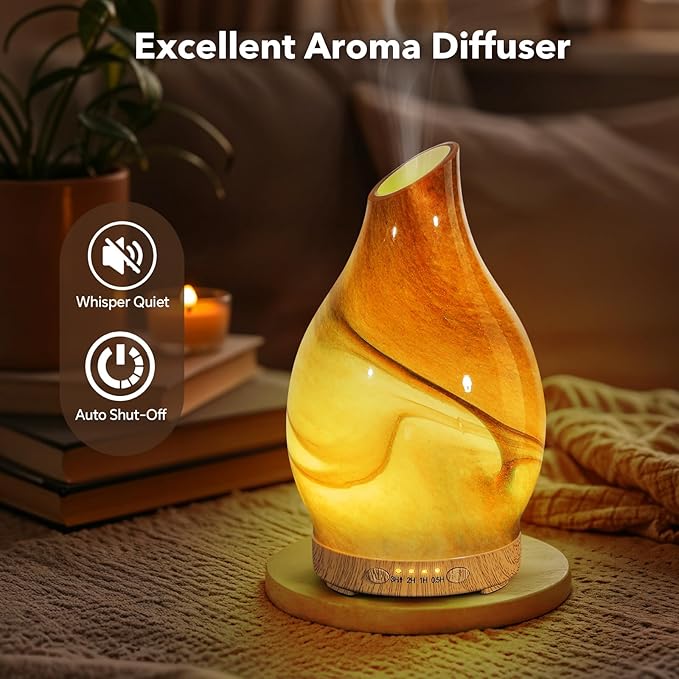 Essential Oil Diffuser, 120 ml Glass Aromatherapy Diffuser with 7 Color Lights, Auto Shut-Off and 4 Timer Settings, Ultrasonic Cool Mist Diffuser for Home Room Office (Dessert)