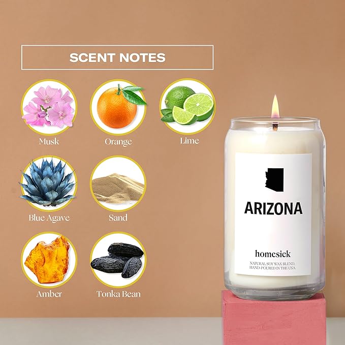 Homesick Scented Candles for Home (Arizona) - 13.75 oz Long-Lasting Soy Wax Jar Candle for Women & Men for All Occasions, 60-80 Hours Burn Time - Notes of Musk, Orange & Lime