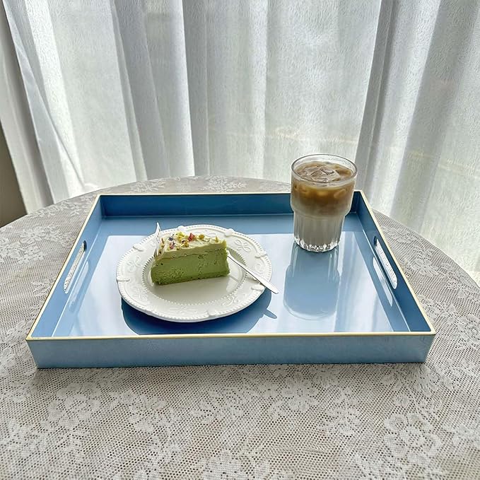 Blue Sturdy Acrylic Serving Tray with Handles-15.7x11.8Inch, Morden Plastic Rectangular Serving Tray for Coffee Table Bathroom, Ottoman, Home Decor(Rectangular - Light Blue)