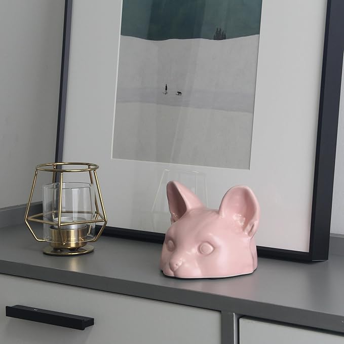 Pink Cat Head Sculpture, Handmade Ceramic Cat Figurines for Shelf Decor, Cute Desk Decor for Cat Lovers, Home Office Decor and Unique Gift (Pink, 4.7x4.5x3.6 in)