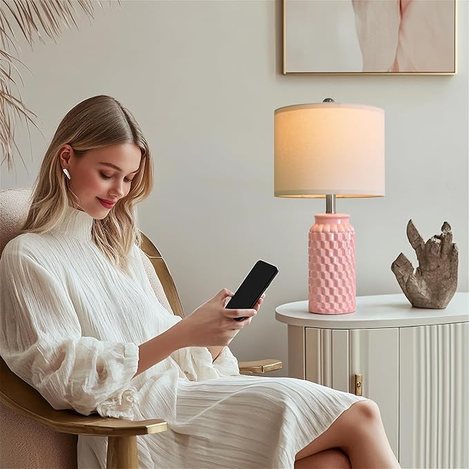 20.5" Pink Table Lamps Set of 2,Modern Farmhouse Bedside Lamps - Ceramic Nightstand Lamps for Bedroom,Boho Living Room End Tables,Small Office Desk Lamp