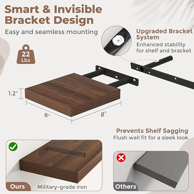 8 Inch Square Floating Shelves for Wall 3 Pack, 8"D Wood Grain Bathroom Shelves with Invisible Brackets, Easy Install Engineered Wood Storage Shelves for Kitchen, Living Room, Bedroom, Walnut Finish