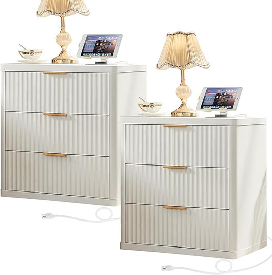 LEYAOYAO 23" Wide Fluted Farmhouse Night Stand Set of 2 with Charging Station, 3 Drawers Large End Table w/Metal Handle,White Nightstand Bedside Table,Wood Dresser for Bedroom, Closet