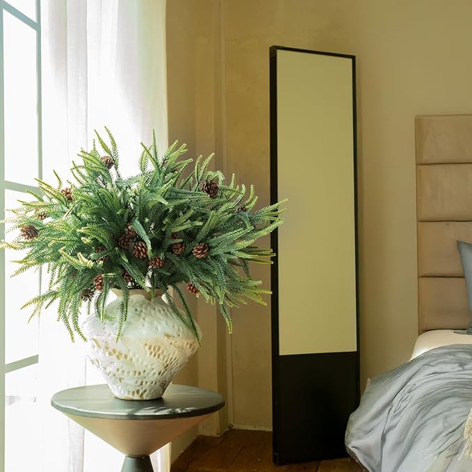 N&T NIETING 24in Christmas Norfolk Pine Stems Real Touch Artificial Norfolk Pine Branches with Pine Cones Stems Faux DIY Greenery Pine Picks for Xmas Indoor Outdoor Home Décor(18 Pcs)