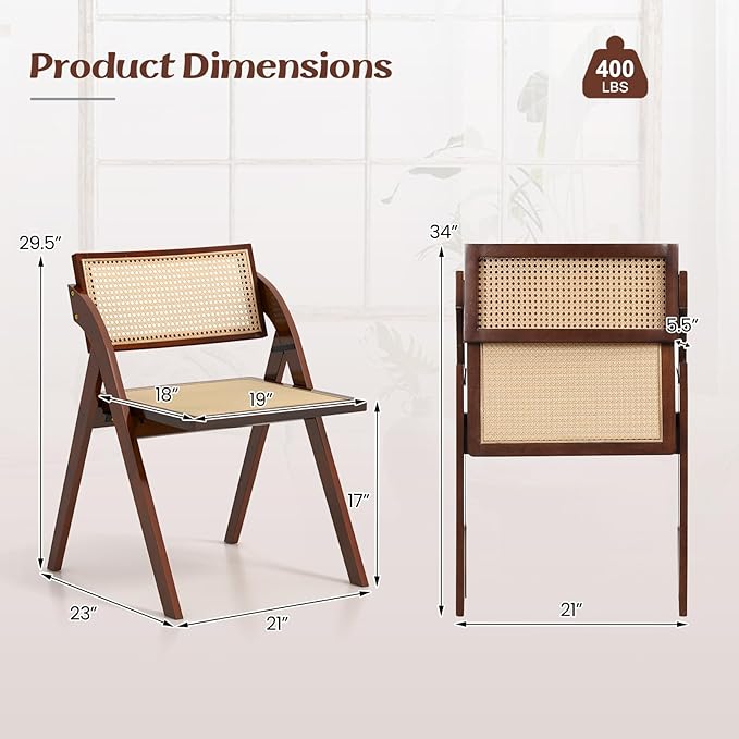 Giantex Folding Dining Chairs Set of 2, Wooden Folding Chair with Rattan Backrest & Seat, Sturdy Rubber Wood Frame, Armless Accent Chairs for Living Room, Kitchen, Wedding Party, No Assembly, Brown