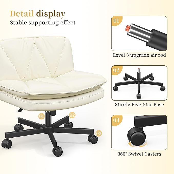 Armless Criss Cross Chair with Wheels, Leather Cross Legged Office Chair with 2-Layer Cushion,Swivel Modern Home Office Desk Chair 25.5" Wide Seat Height Adjustable,Comfy Vanity Chairs,Beige