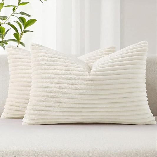 Simmore Decorative Fall Throw Pillow Covers 12x20 Set of 2, Soft Natural Plush Flannel Double-Sided Fluffy Lumbar Pillow Covers for Couch Sofa Living Room, Cream White