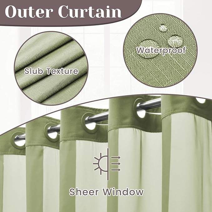 No Hook Slub Textured Shower Curtain with Snap in Liner - Sage Green Fabric Outer Curtain & Waterproof Inner Liner, Hotel Style with See Through Top Window, 71x74 in