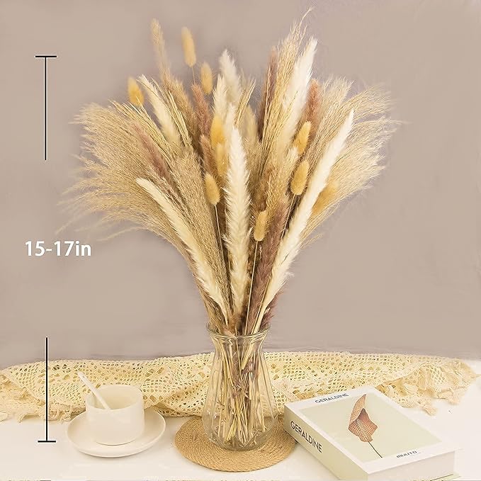 65PCS Pampas Grass Decor, Including pompas Floral, Reed Dried Grass and Bunny Tails Dried Flowers, Natural Dried Pampas Grass Bouquet for Boho Decor Wedding, Home Decoration