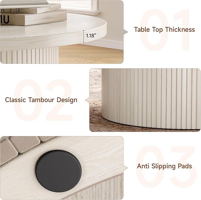 ONBRILL 31.5" Round Coffee Table, Tambour Design Coffee Tables for Living Room, Mid Century Modern Wood Coffee Table, Drum Accent Small Center Table, Natural White