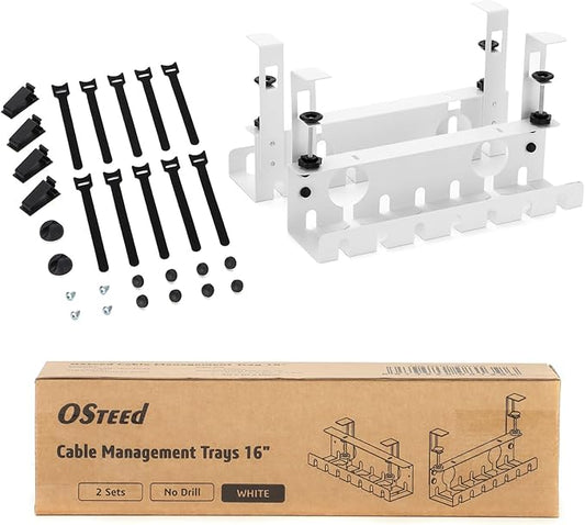 Under Desk Cable Management Tray 2 Pack White, No Drill Cord Organizer with Clamp for Wire Management, Home & Office Accessories