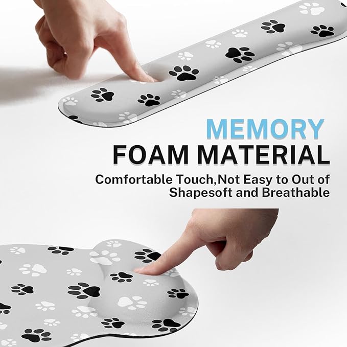 Britimes Ergonomic Mouse Pad Set with Wrist Rest Gray Paw Print Non-Slip Rubber Base Wrist Cushion Support and Coasters Mousepad with Wrist Support for Computer Keyboard and Desk