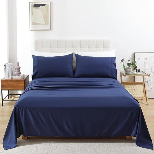 Whitney Home Textile Queen Sheet Set, Soft Microfiber Hotel Bed Sheets Queen Size, Extra Deep Pocket, Luxury Breathable Bedding Sheet & Pillowcase Sets, 4 Piece Wrinkle Free Oeko-Tex, Navy Blue