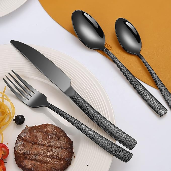 45-Piece Silverware Set with Serving Utensils Set, Black Hammered Stainless Steel Flatware for 8, Food-Grade Tableware, Including Fork, Knife, Spoon Set, Home Kitchen Cutlery, Dishwasher Safe