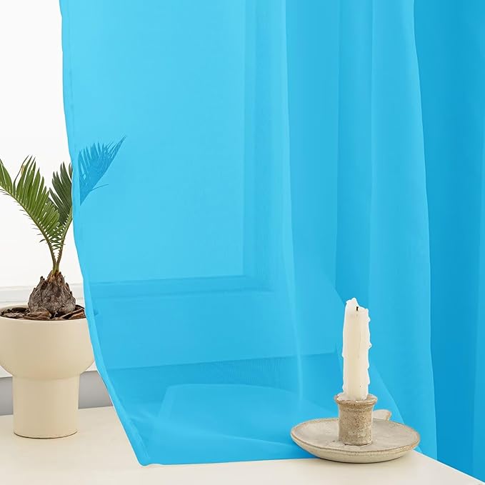 Sheer Curtains 45 Inches Long 2 Panels, Rod Pocket Short Curtain for Kitchen, Bedroom, Cafe Window(Cyan Blue 38" W x 45" L)