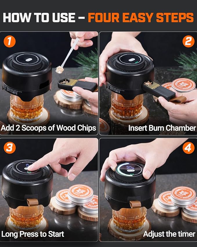 Electric Whiskey Smoker Kit with LED Timer Ring, Adjustable Smoke Levels, Rechargeable Cocktail Smoker Kit with 6 Wood Chips, Old Fashioned Smoker Kit, Bourbon Drink Gifts for Men, Dad, Husband