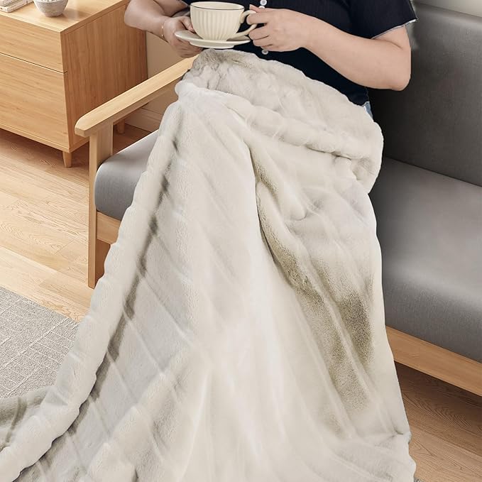 NEXHOME PRO Faux Fur Throw Blanket, Cozy Fluffy Soft Blanket or Couch Sofa Bed Living Room Decorative, Reversible Puffy Thick Warm Blanket for Winter 60"X80" Beige