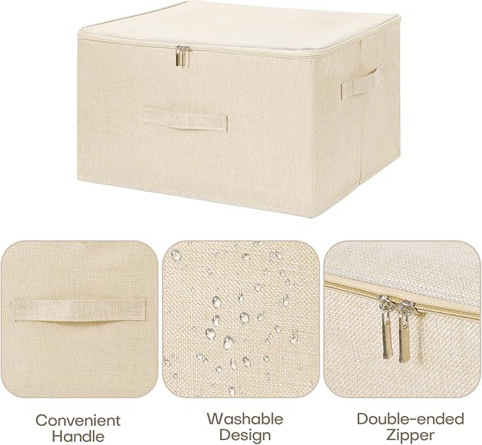 ANMINY 2PCS Storage Bins with Zipper Lids 36 Qt Lidded Fabric Storage Boxes Baskets Cubes with Handles Collapsible Washable Cotton Linen Closet Shelf Clothes Organizer Containers - Beige, Large